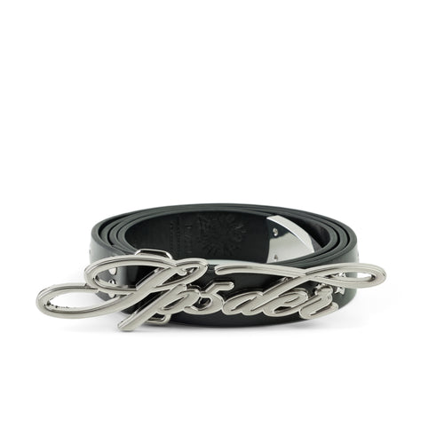 Black leather R-05 SCRIPT BELT with a silver cursive SP5DER buckle and studded star grommets.