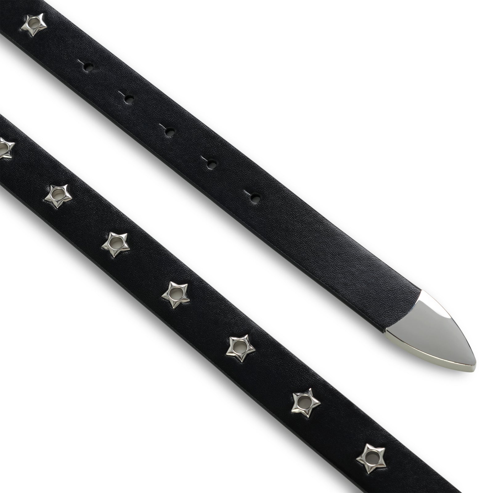 Black leather R-05 Script Belt with studded star grommets and a silver belt tip.