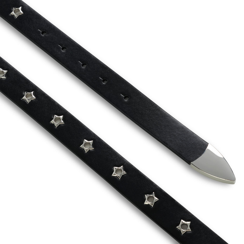Black leather R-05 Script Belt with studded star grommets and a silver belt tip.