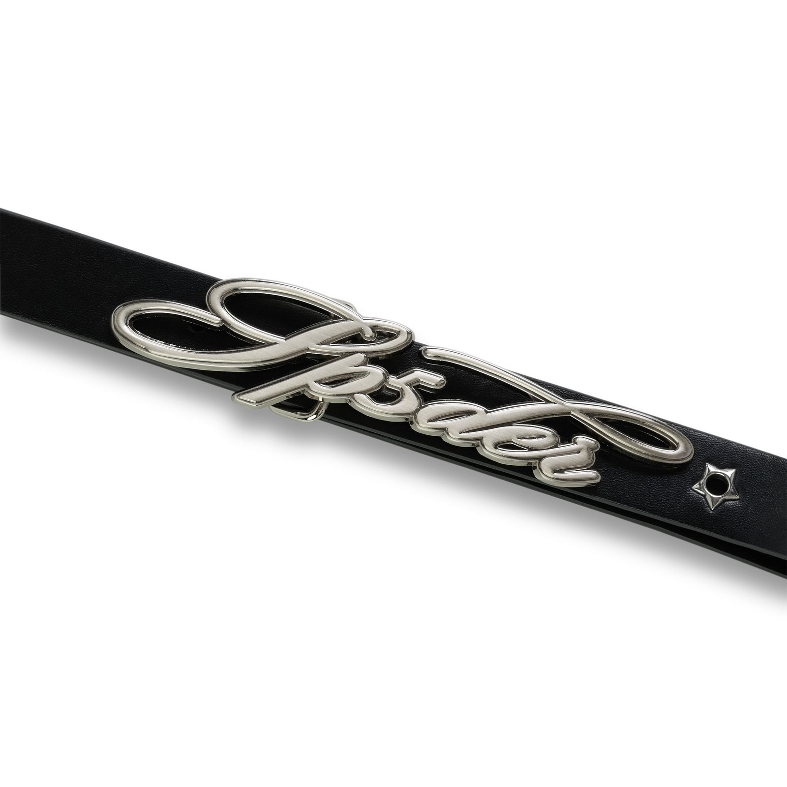 Black leather R-05 SCRIPT BELT with silver cursive SP5DER buckle and studded star grommets.