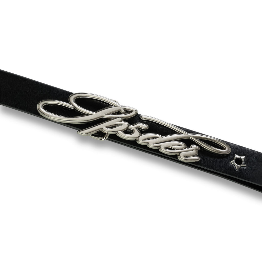 Black leather R-05 SCRIPT BELT with silver cursive SP5DER buckle and studded star grommets.