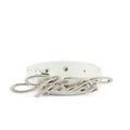 White leather R-05 Script Belt with a silver cursive SP5DER buckle and studded star grommets.