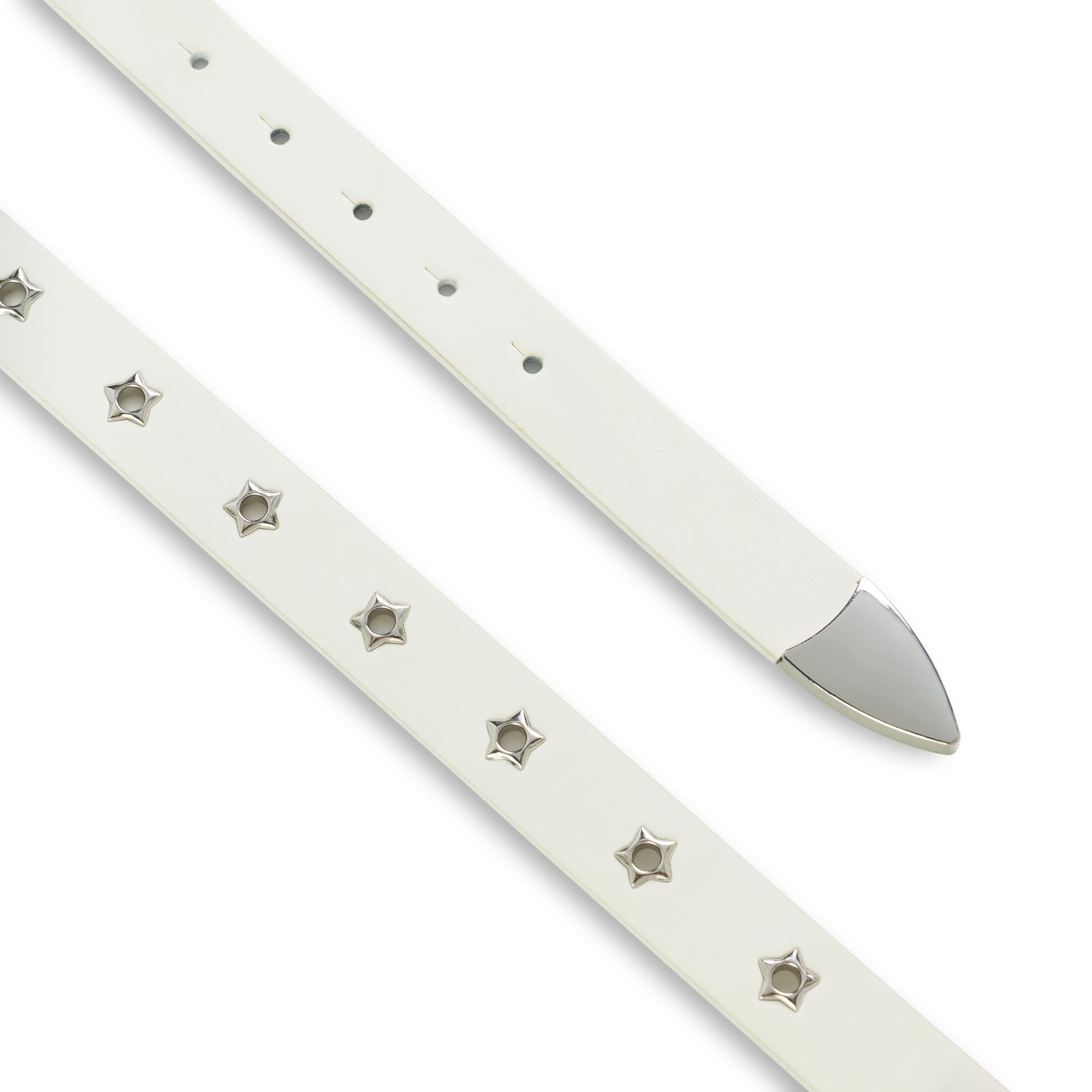White leather belt with studded star grommets and a silver belt tip.