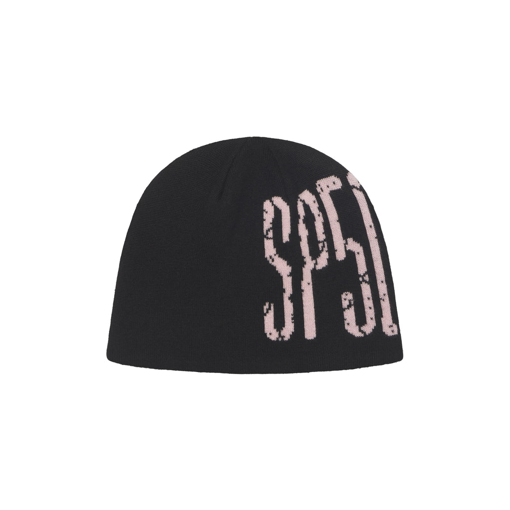 Black acrylic beanie with a pink wrap-around cracked graphic print text design.