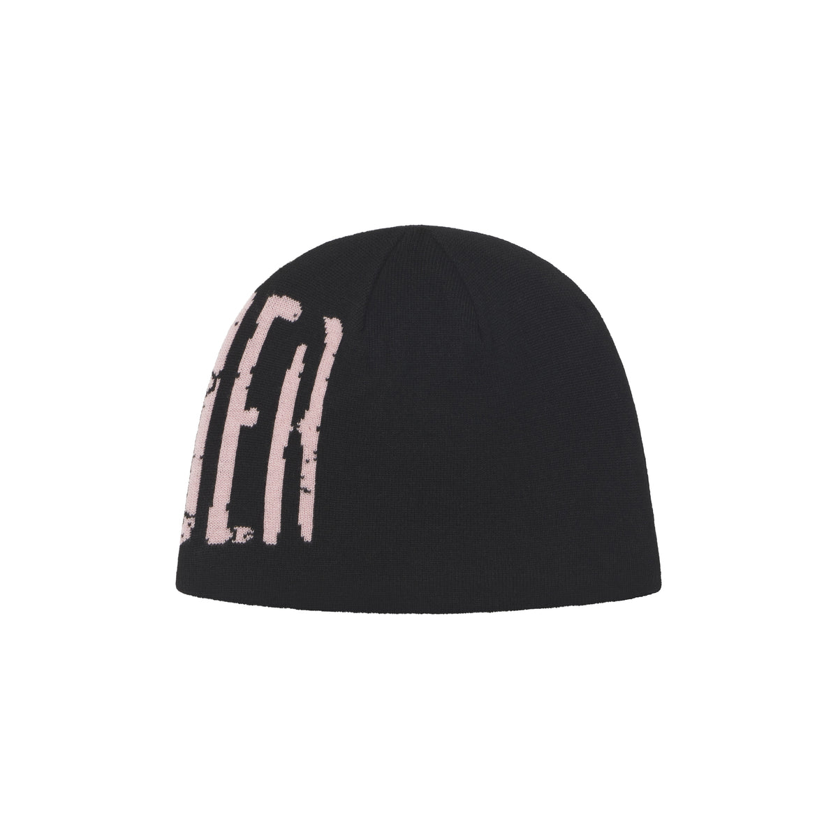 Black acrylic beanie featuring a wrap-around light pink graphic print with a distressed, cracked text design.