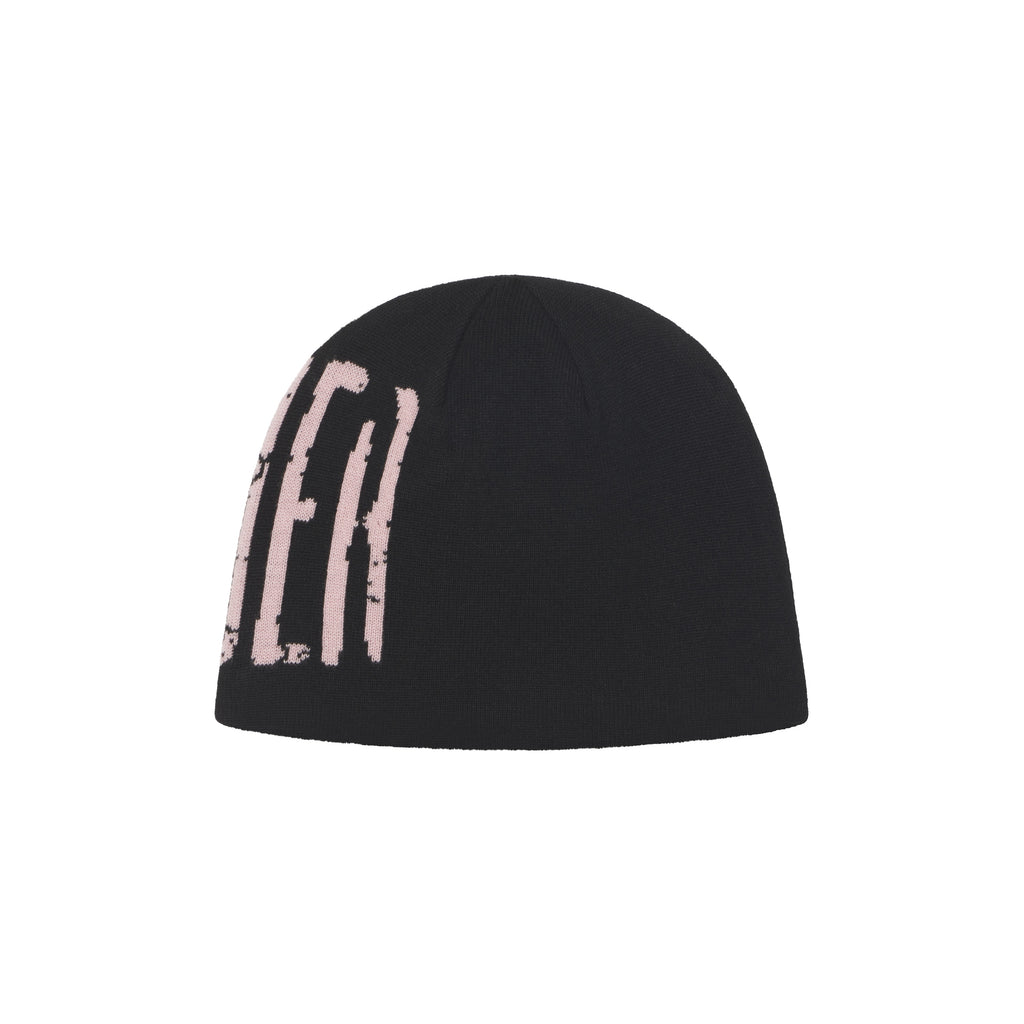 Black acrylic beanie featuring a wrap-around light pink graphic print with a distressed, cracked text design.