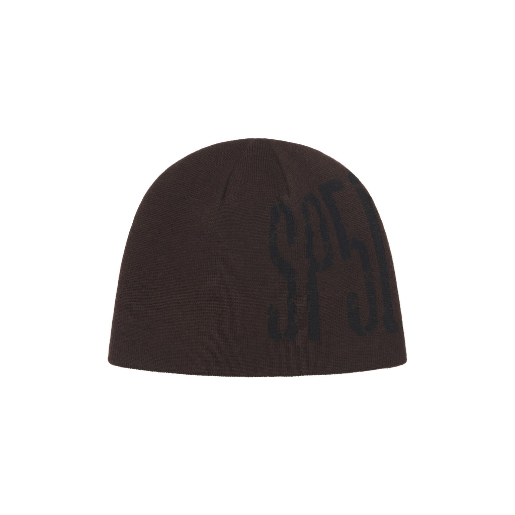 Brown acrylic beanie featuring a black wrap-around cracked graphic print design.