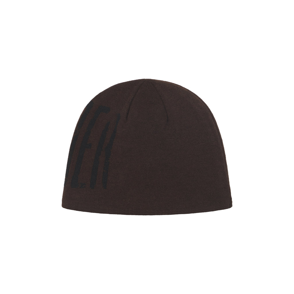 Brown acrylic beanie featuring a black wrap-around cracked text graphic print design.