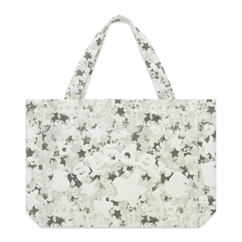 Star Camo Beluga AOP Tote: White and gray brushed twill tote bag with all-over star camo print and beluga graphic.