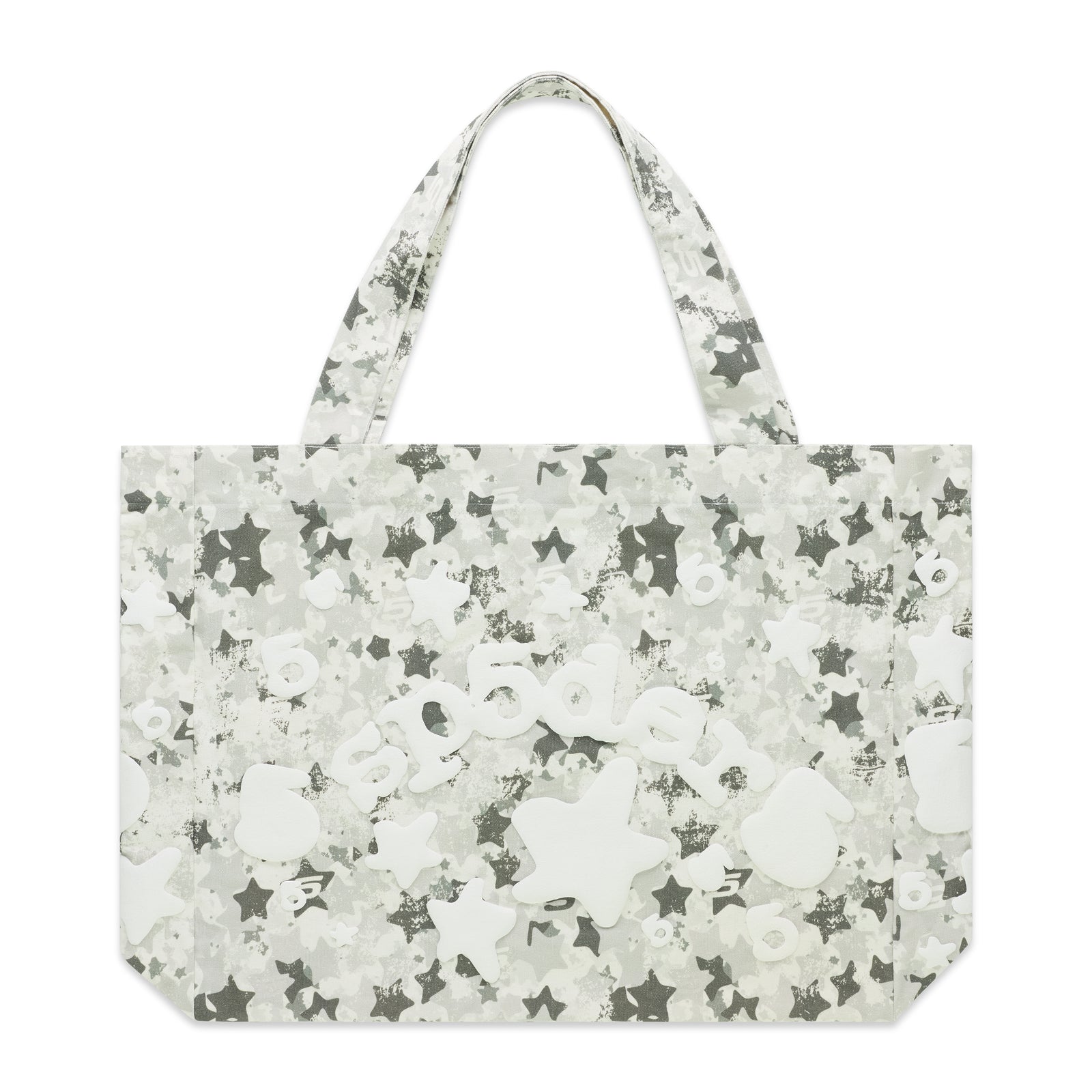White and gray star camo twill tote bag with a beluga graphic.