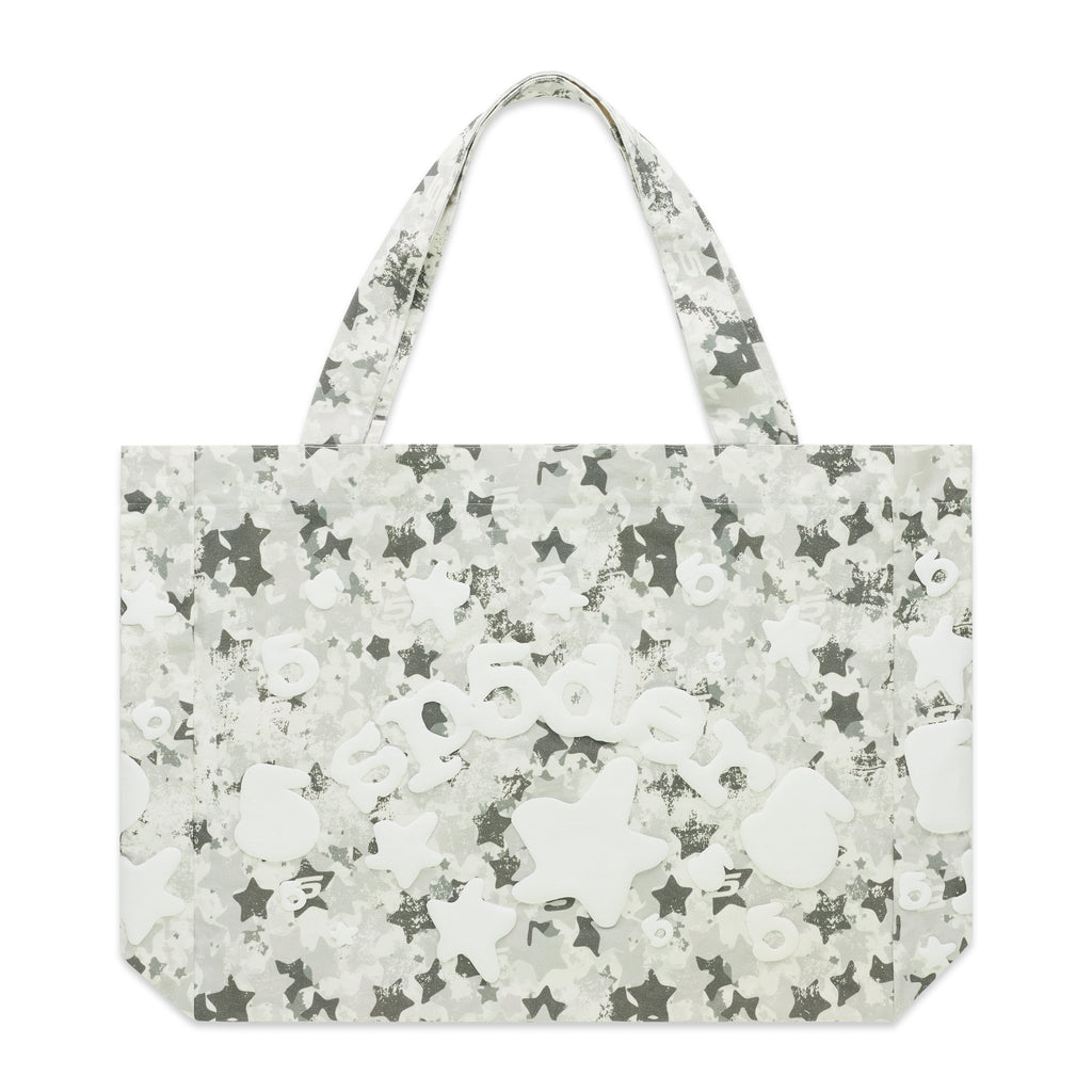 White and gray star camo twill tote bag with a beluga graphic.