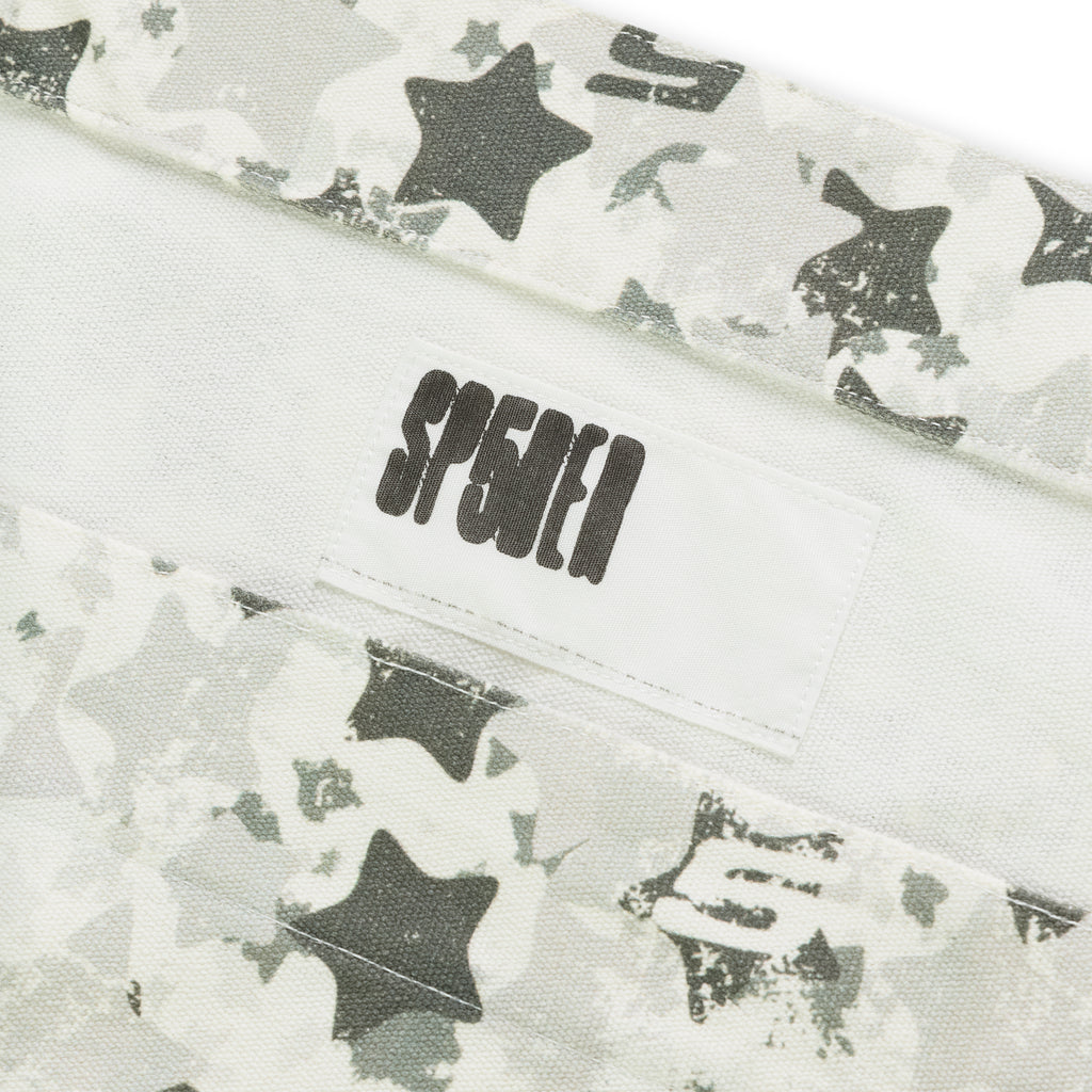 Star Camo Beluga AOP Tote, 8oz brushed twill with white, grey, and black star camo print and "SP5DER" label.