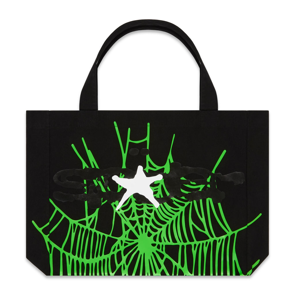 Black 8oz brushed twill tote bag with a vibrant green spider web graphic and white star.