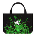 Black 8oz brushed twill tote bag with a vibrant green spider web graphic and white star.