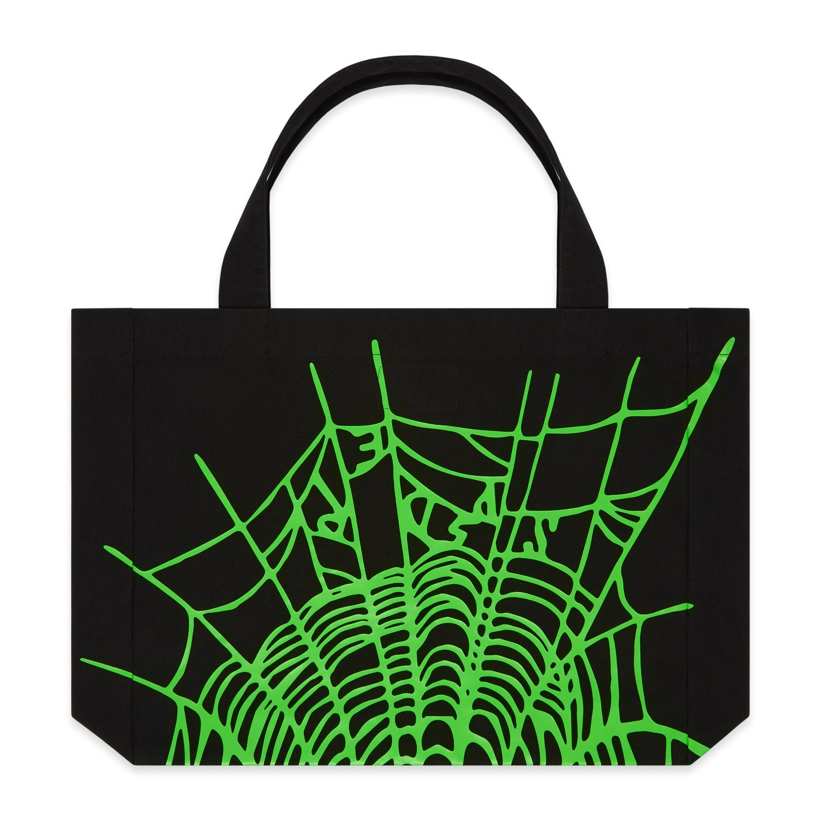 Black 8oz brushed twill tote bag with a vibrant neon green heavy web graphic print.