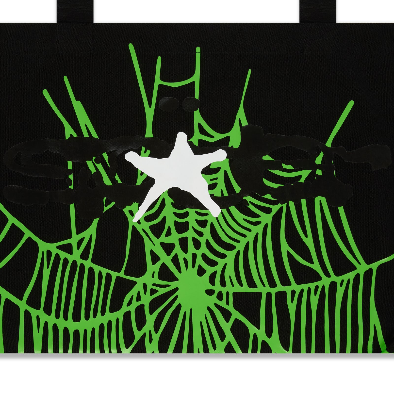 Black 8oz brushed twill HEAVY WEB TOTE with a bright green spiderweb graphic and white star.