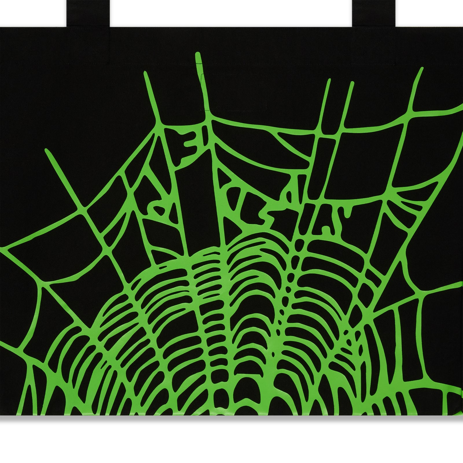 Black 8oz brushed twill tote bag with a vibrant green heavy web graphic print.