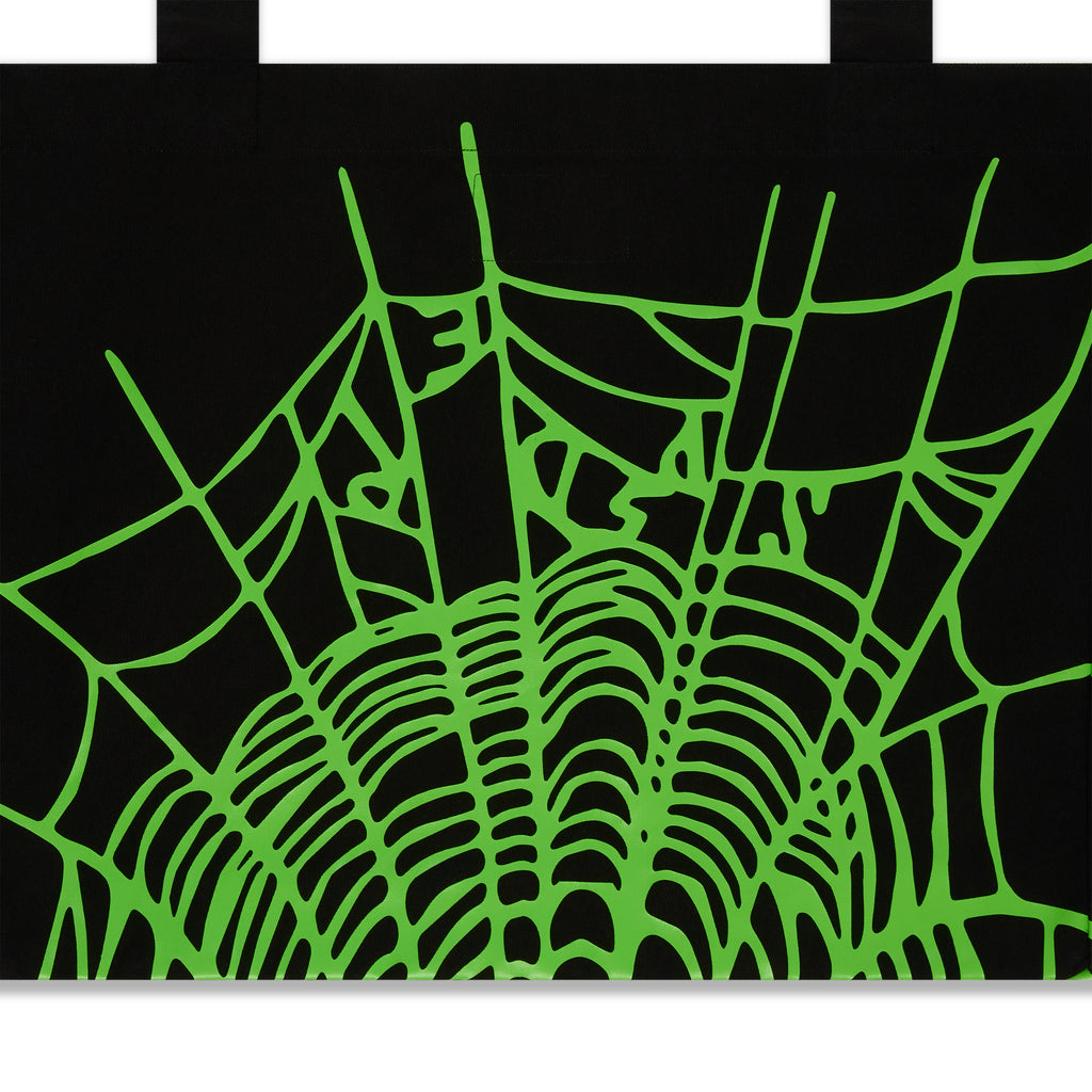 Black 8oz brushed twill tote bag with a vibrant green heavy web graphic print.