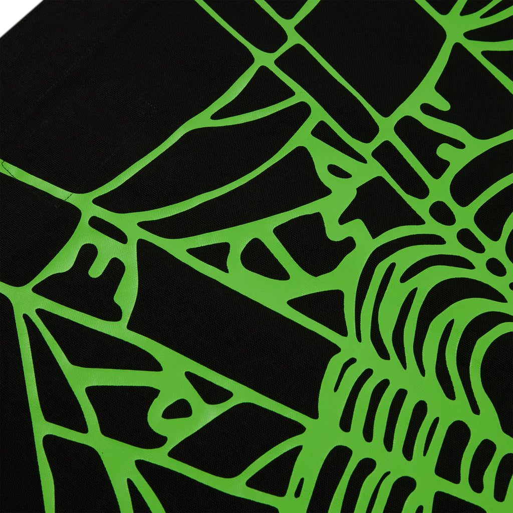 Close-up of a black 8oz brushed twill tote bag with a vibrant green heavy web graphic print.