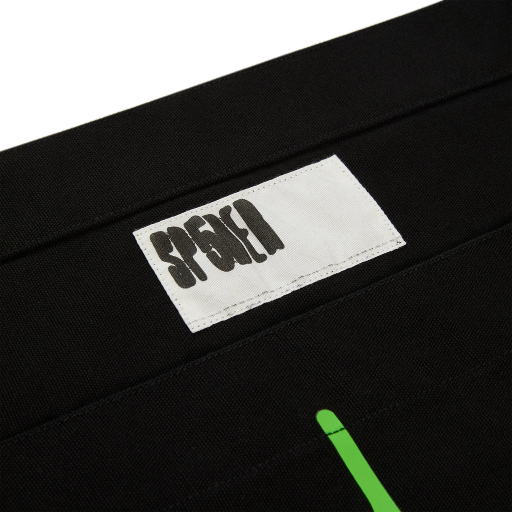 Black 8oz brushed twill tote bag with a white "SPENCA" label and a partial neon green graphic.