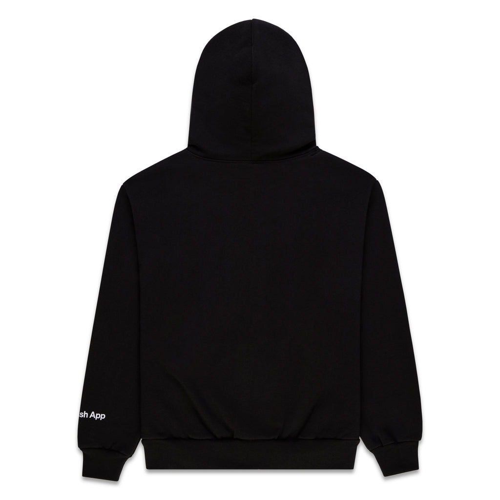 Black 100% cotton fleece zip hoodie, back view, with "Cash App" logo on left wrist.