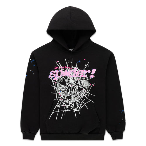Black cotton fleece CB PUNK V2 hoodie with white spiderweb, pink "SP5DER!" text, and scattered stars.