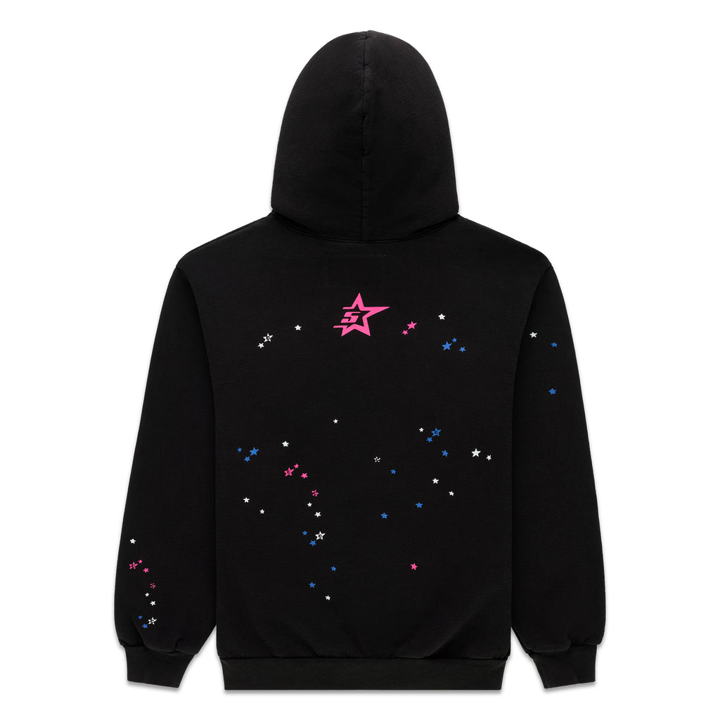 Black CB PUNK V2 Hoodie with pink 5star motif and scattered tiny pink, blue, and white stars on back.