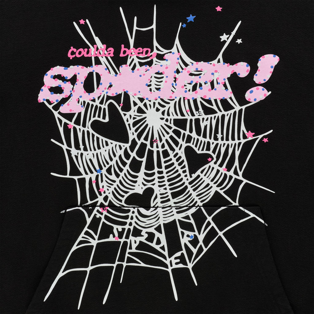 Black CB PUNK V2 Hoodie with white spiderweb, pink "spider!" text, and scattered tiny stars.