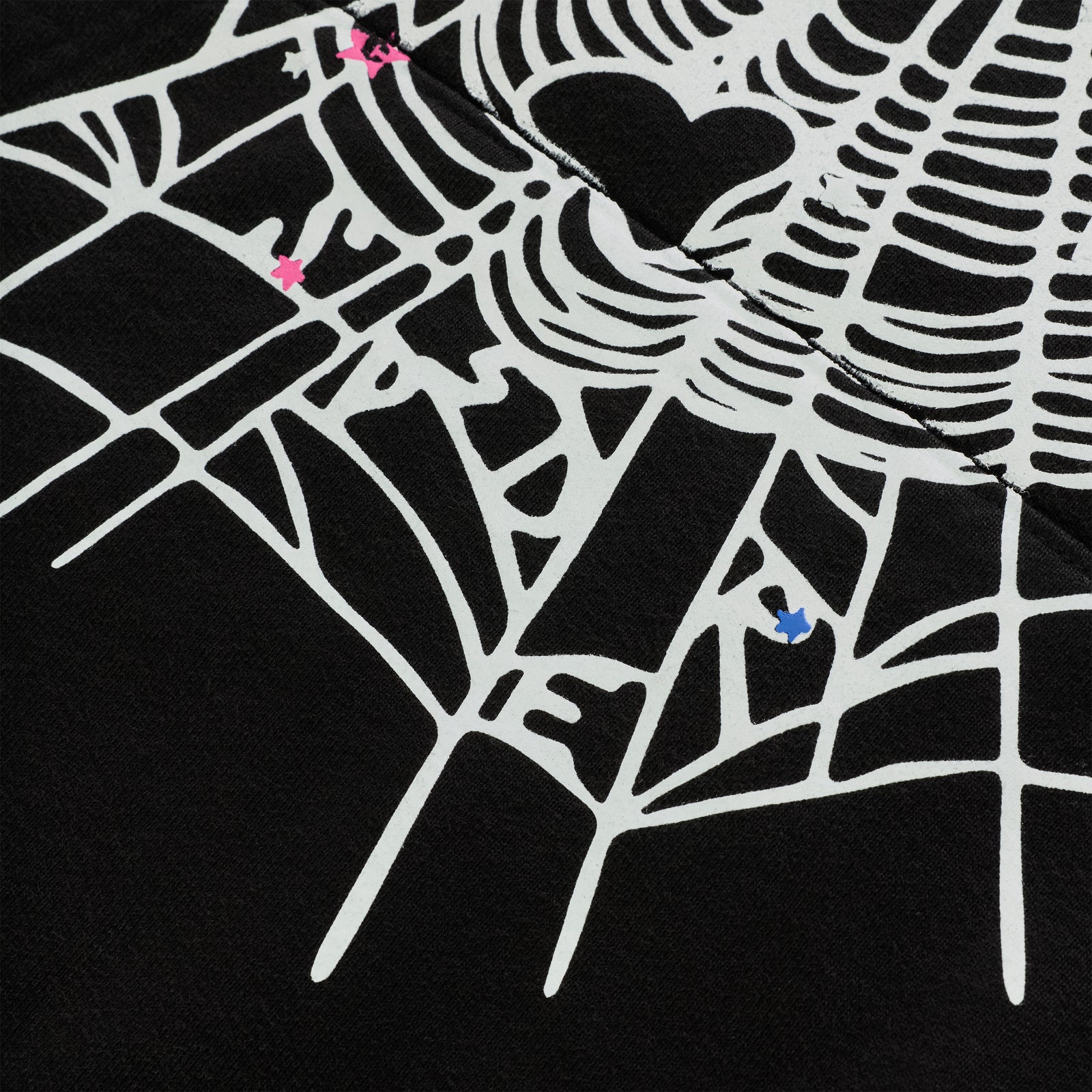 Black CB PUNK V2 Hoodie with white SP5DER web motif, pink and blue scattered stars.