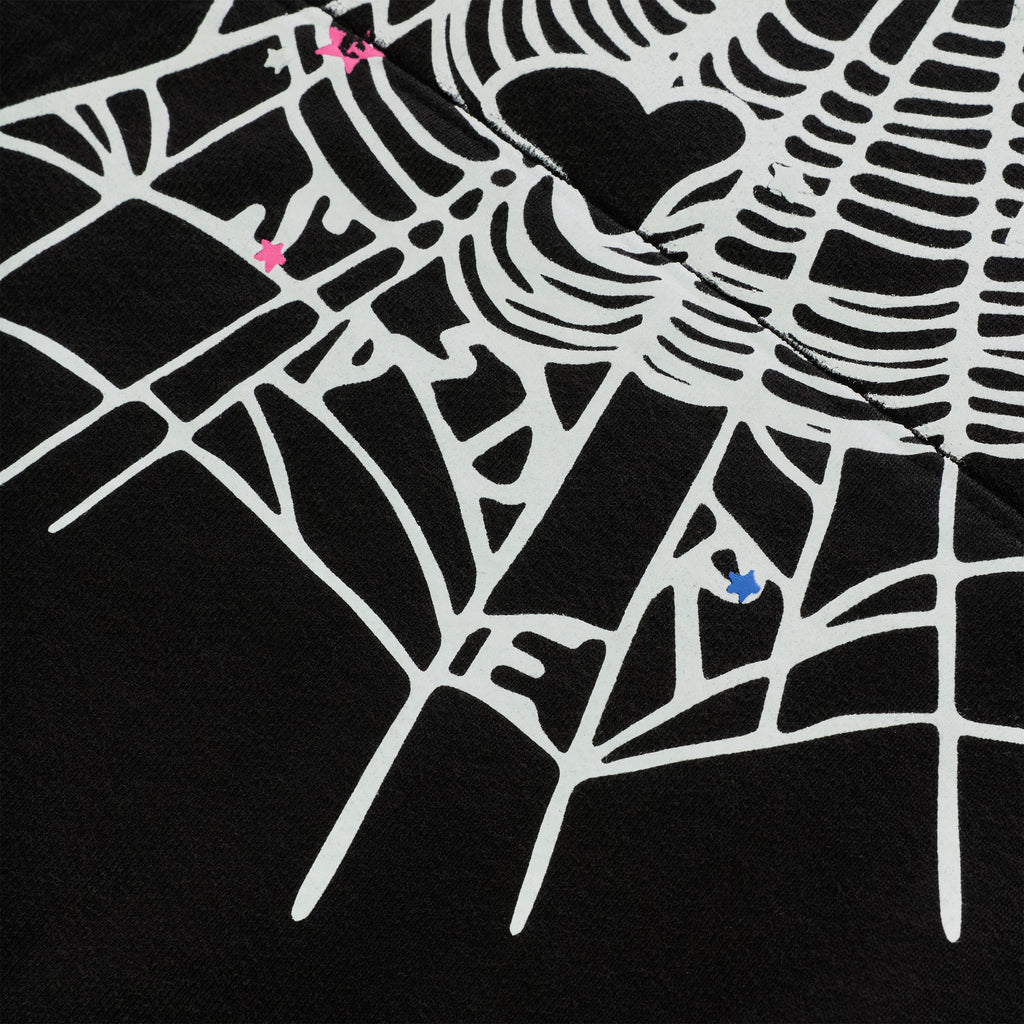 Black CB PUNK V2 Hoodie with white SP5DER web motif, pink and blue scattered stars.