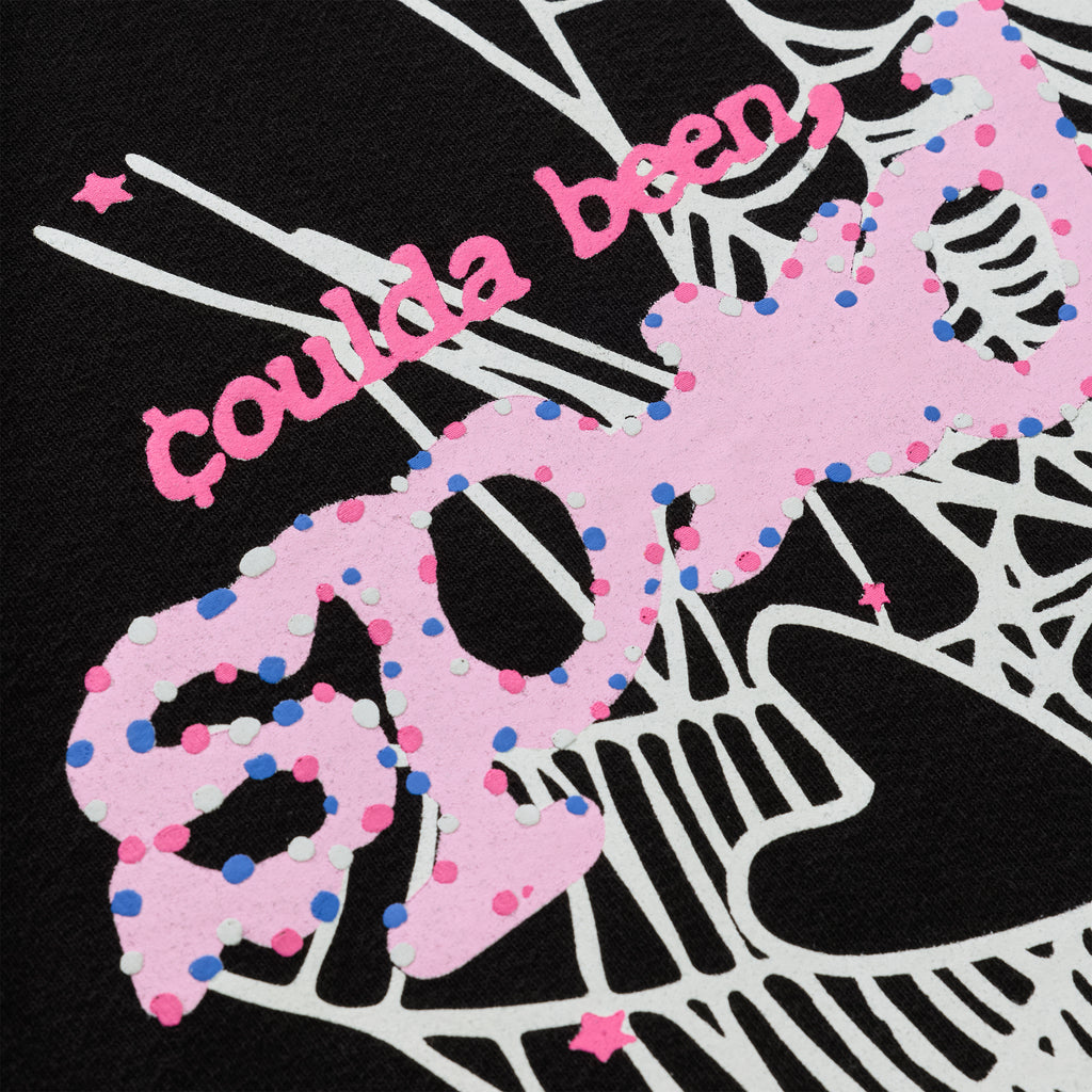 Black CB PUNK V2 hoodie with pink puff print "coulda been" text, spider motif, and web design.