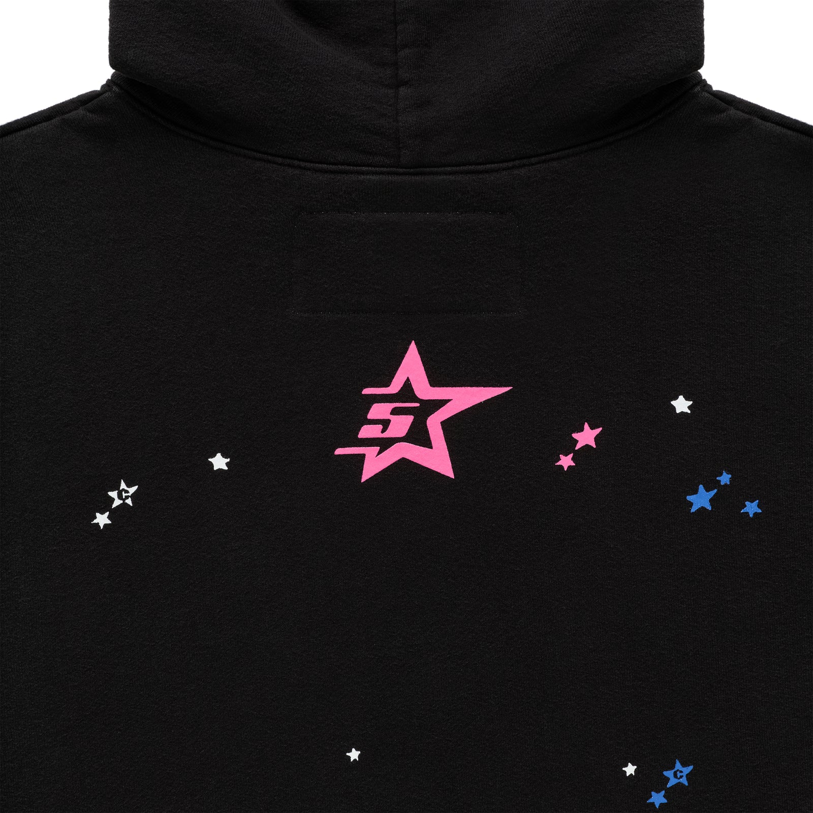 Black CB PUNK V2 HOODIE back with pink 5star motif and scattered white, pink, and blue stars.