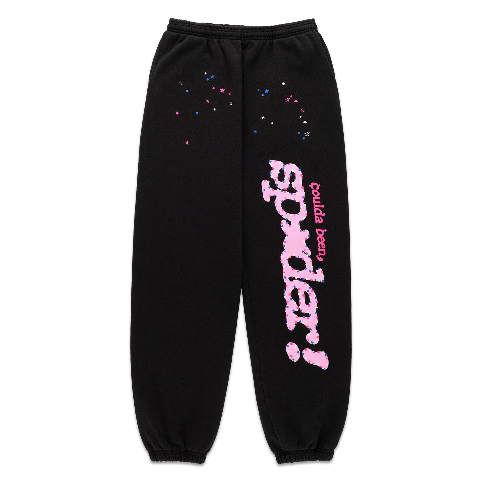 Black CB PUNK V2 sweatpants with pink "coulda been sp5der!" text and scattered pink/blue stars.