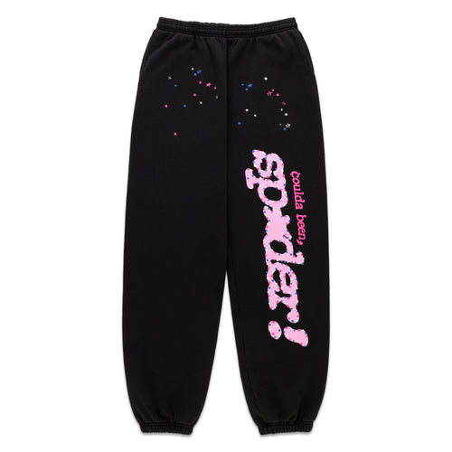 Black CB PUNK V2 sweatpants with pink "coulda been sp5der!" text and scattered pink/blue stars.