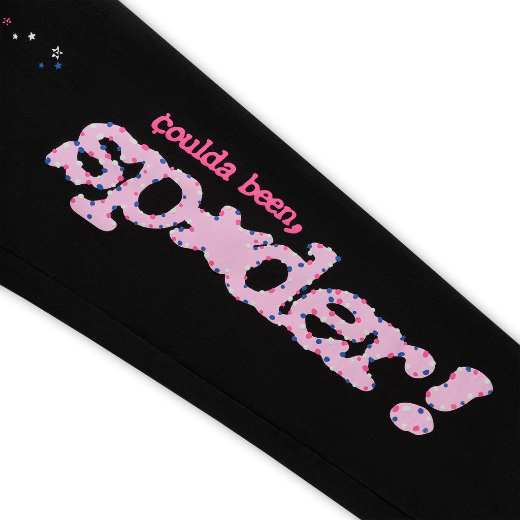 Black CB PUNK V2 sweatpants with pink "coulda been, sp5der!" puff print and scattered stars.