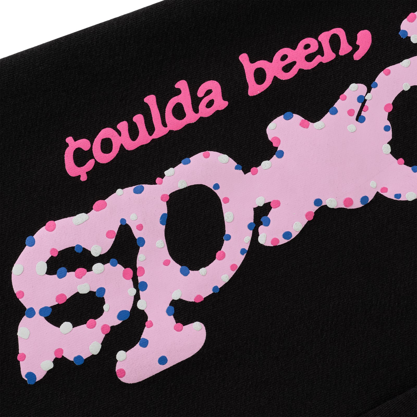 Black CB PUNK V2 sweatpants with pink puff print and blue/white discharge print text.