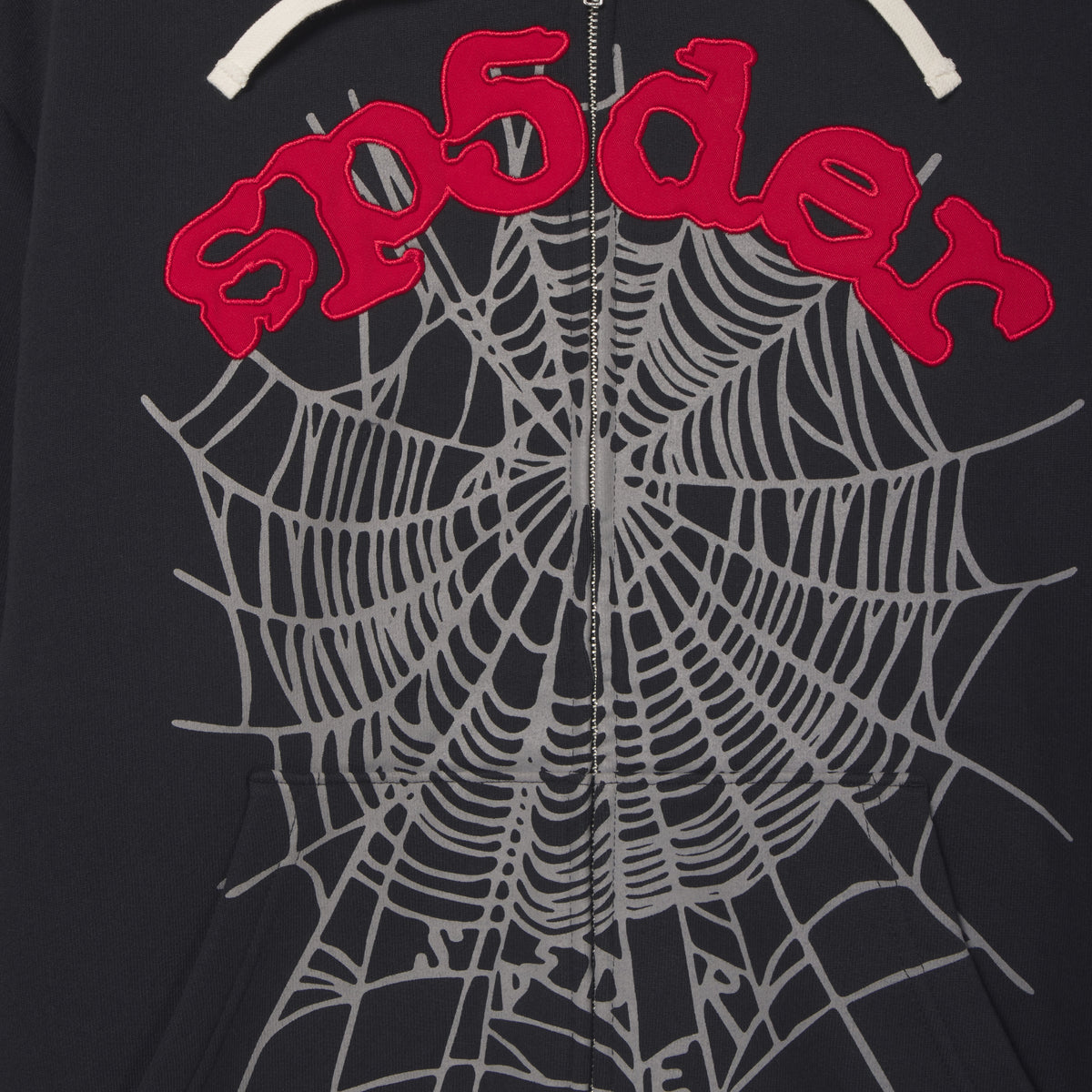Black 13oz cotton fleece zip hoodie featuring a grey spider web graphic print and red appliqué text detailing.
