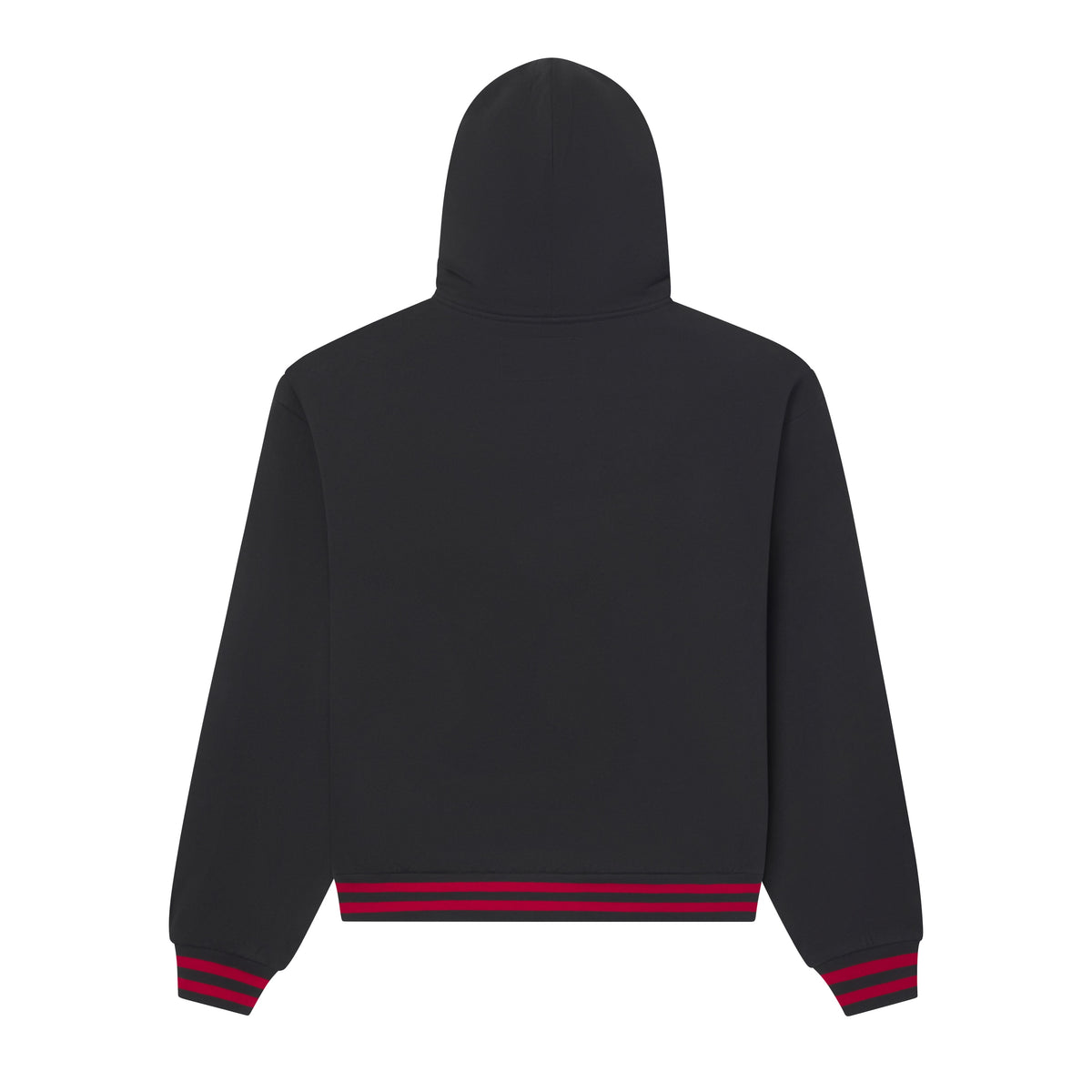 Back view of a black 13oz cotton fleece zip hoodie with red striped ribbed cuffs and hem.