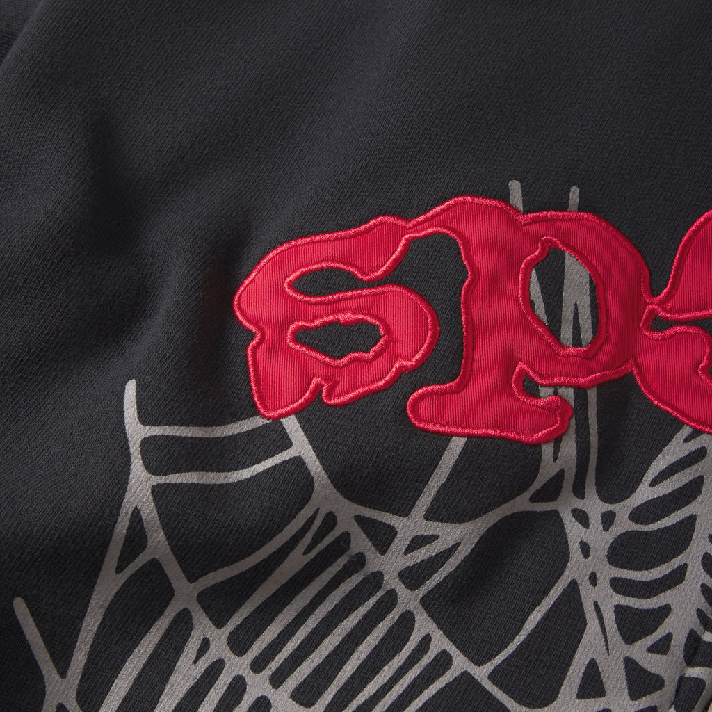 Black 13oz cotton fleece hoodie featuring a grey web graphic print and red appliqué text detailing.