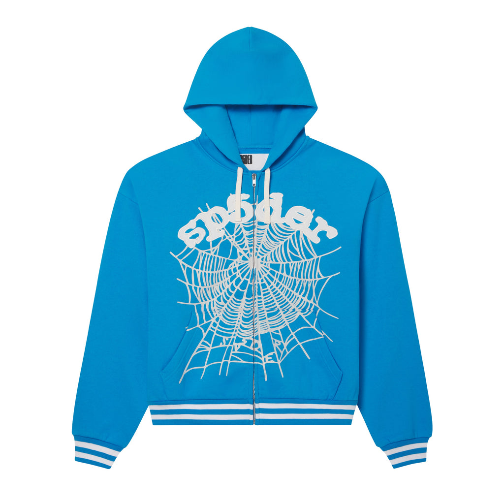 Blue 13oz cotton fleece zip hoodie with white web graphic print, appliqué text, contrast drawstrings, and striped ribbed trim.