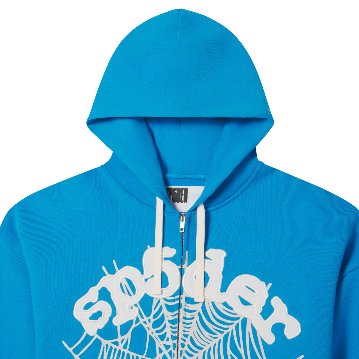 Bright blue 13oz cotton fleece zip hoodie with white appliqué text and a web graphic print, featuring contrast drawstrings.