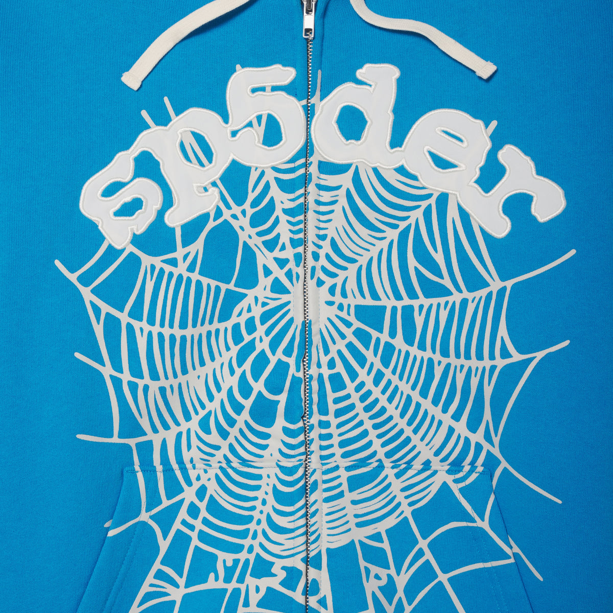 Blue cotton fleece zip hoodie featuring a white web graphic print and white appliqué text detailing with contrast drawstrings.