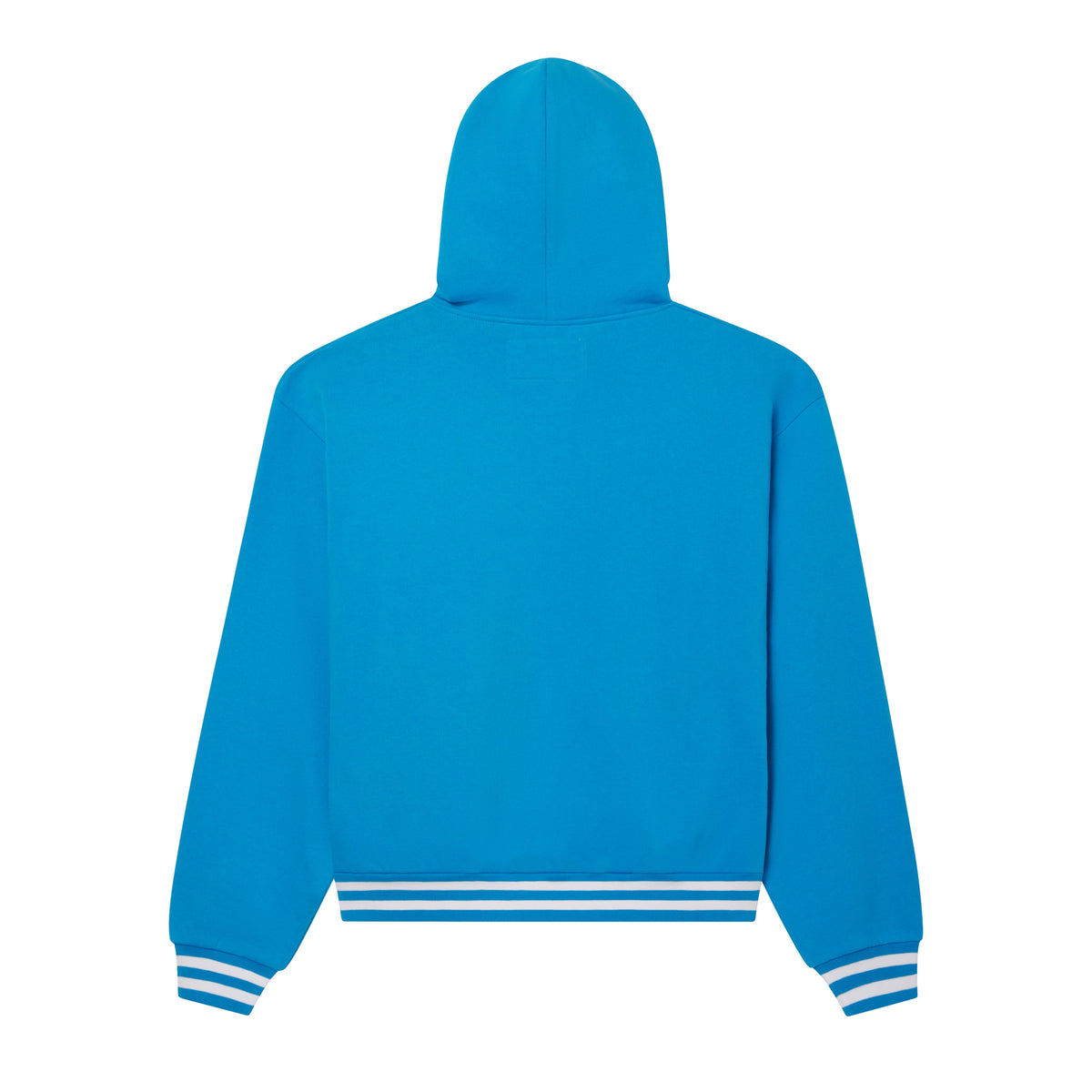 Back view of a bright blue cotton fleece zip hoodie with striped ribbed cuffs and hem.