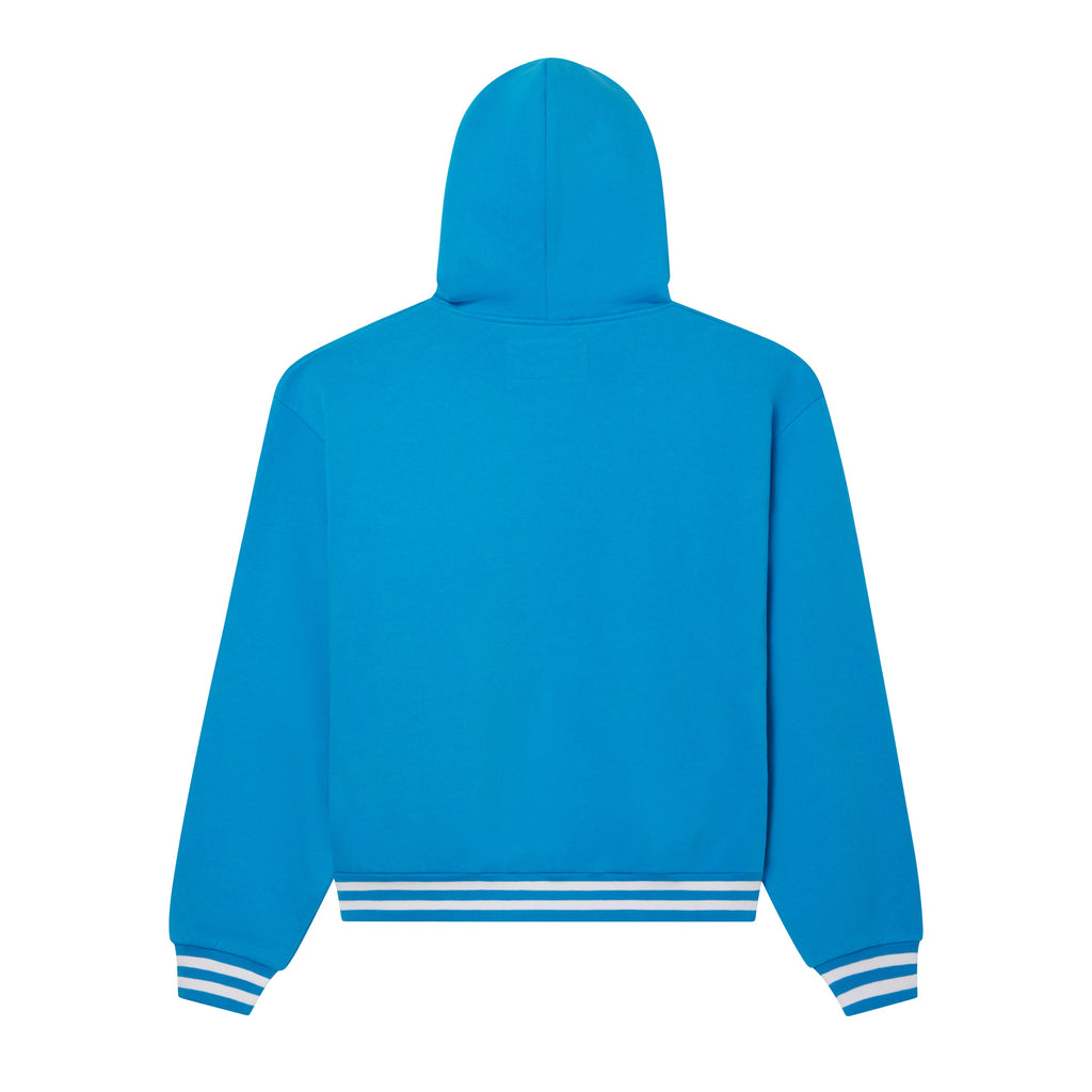 Back view of a bright blue cotton fleece zip hoodie with striped ribbed cuffs and hem.