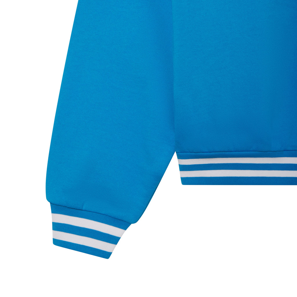 Bright blue cotton fleece hoodie featuring striped ribbed cuffs and hem in white.