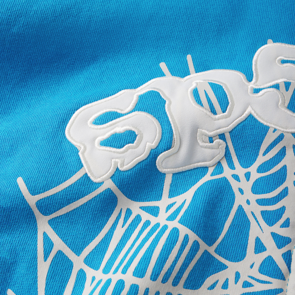 Bright blue 13oz cotton fleece hoodie featuring a white web graphic print and raised appliqué text detailing.