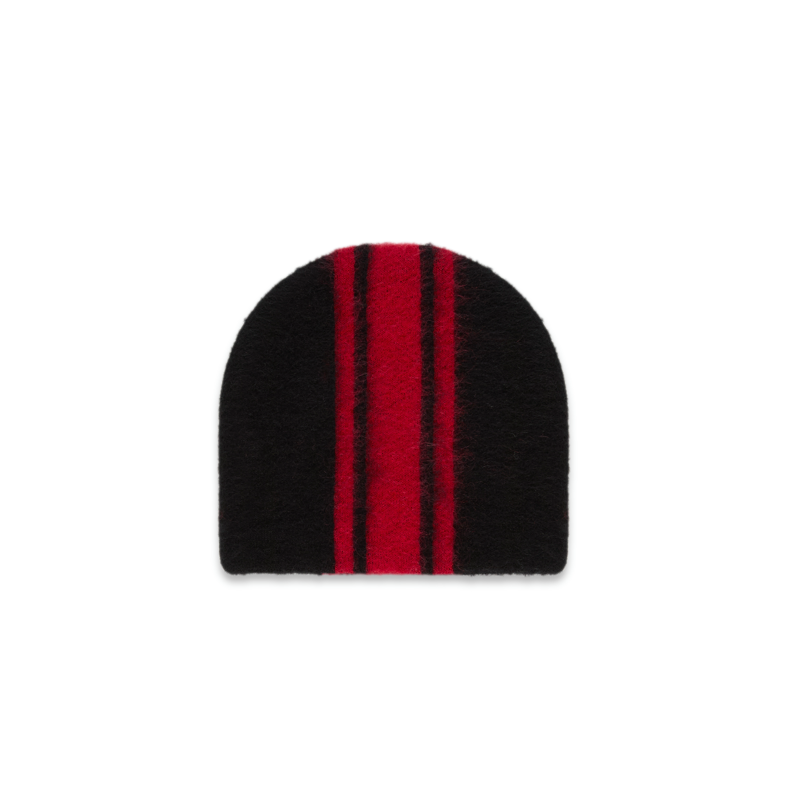 Black mohair knit RALLY BEANIE with red vertical stripes.