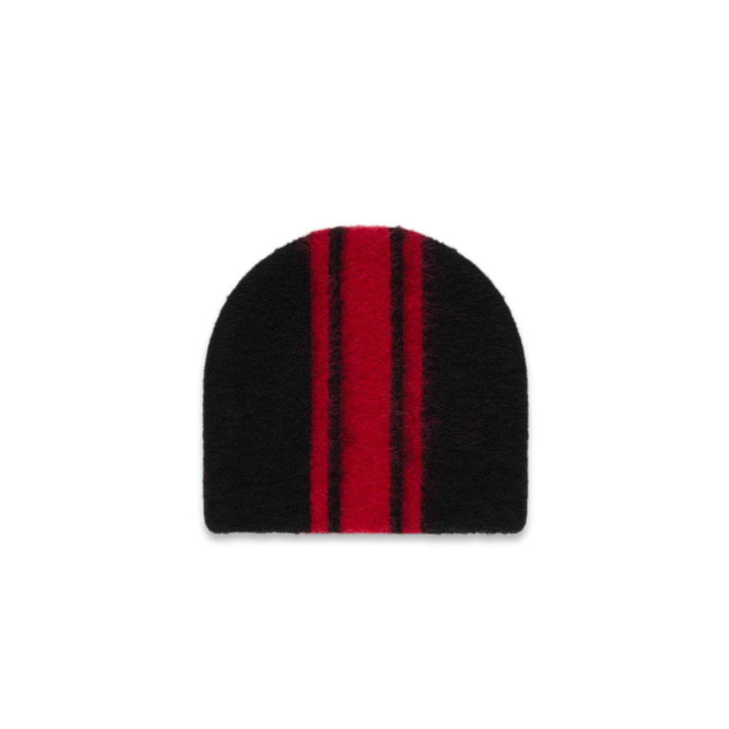 Black mohair knit RALLY BEANIE with red vertical stripes.