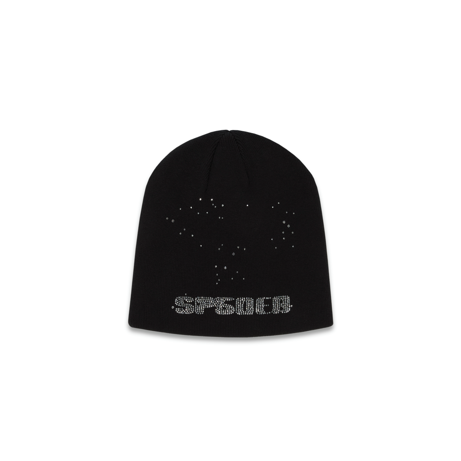 Black acrylic beanie with "SPENCR" in rhinestones and scattered rhinestone embellishments.