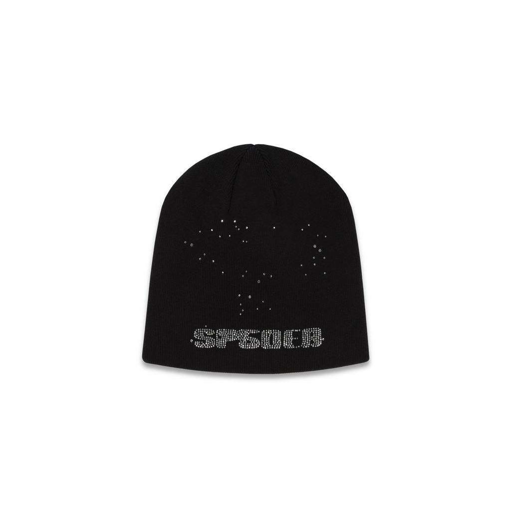 Black acrylic beanie with "SPENCR" in rhinestones and scattered rhinestone embellishments.